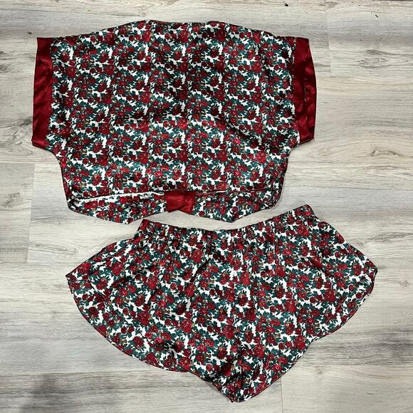 Vintage Kathryn Red Floral Satin Crop Pj Short Set Girly Sexy Feminine Large - Picture 5 of 9